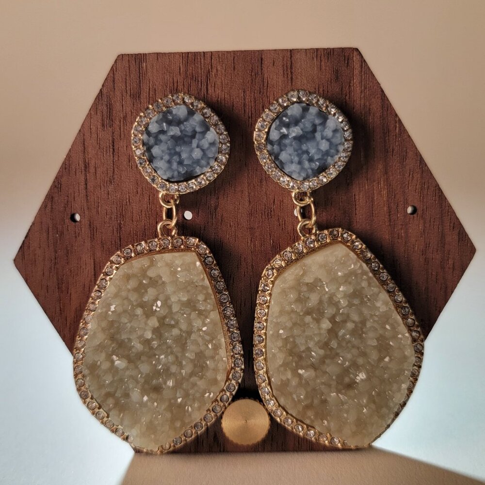 Faux Druzy Teardrop Dangle Earrings Green Gold-tone Rhinestones